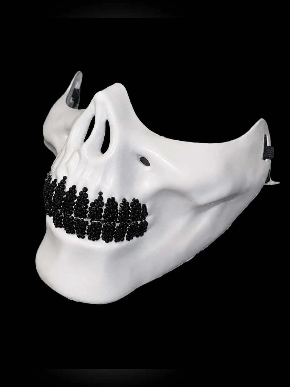 White Half Skull Mask Blinged Black Crystal Grillz EDC Rave Costume Halloween